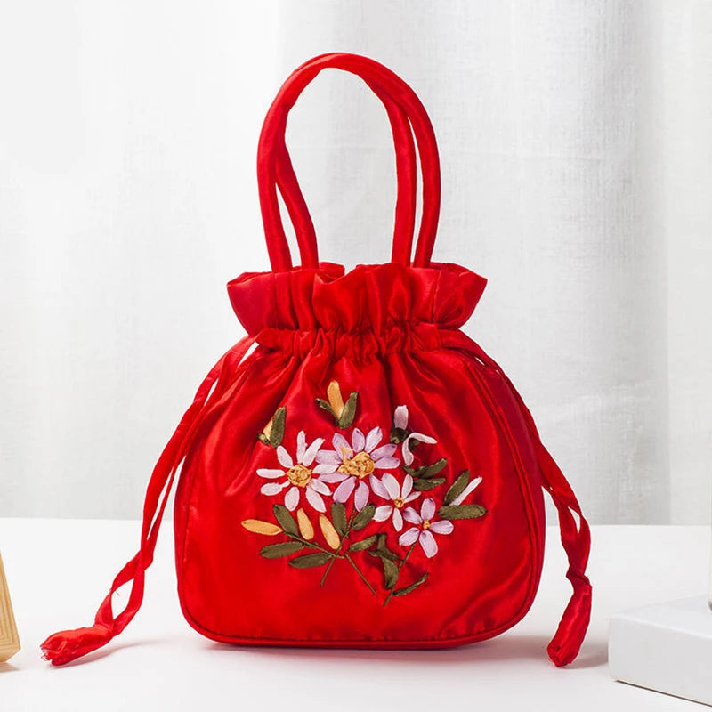 Women's Embroidered Bucket Bag – Floral Top Handle Purse