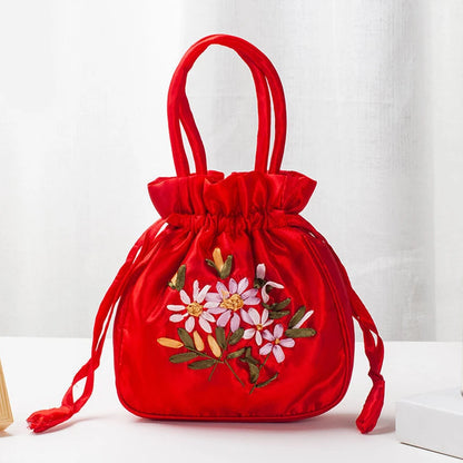 Women's Embroidered Bucket Bag – Floral Top Handle Purse