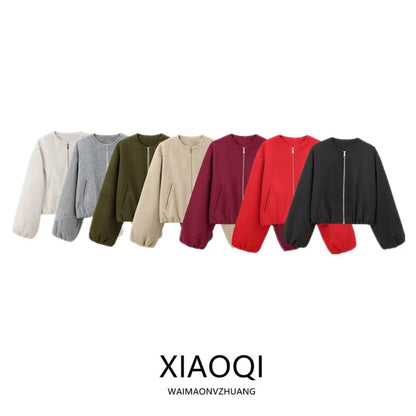 Women's Loose Cropped Bomber Jacket – Zip-Up Long Sleeve Coat