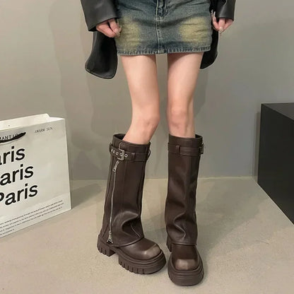 Women's Platform Knee-High Biker Boots with Belt Buckle