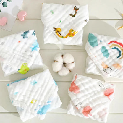 Kids Cotton Washcloths – 6-Layer Printed Square Towels 25cm, 5pcs