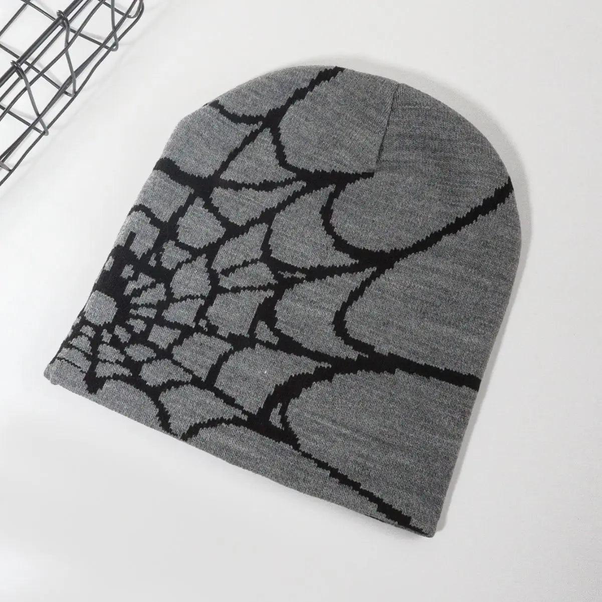 Spider Web Knit Beanie – Y2K Goth Warm Skull Cap for Men & Women
