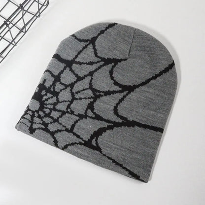 Spider Web Knit Beanie – Y2K Goth Warm Skull Cap for Men & Women