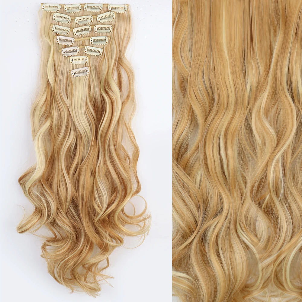 Clip-In Hair Extensions 7pcs 16 Clips Wavy Synthetic 24 Inch