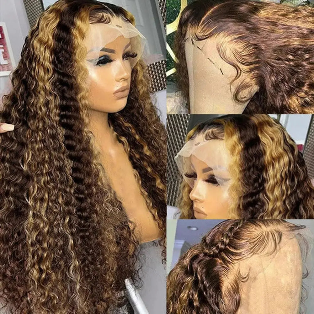 Honey Blonde Ombre Highlight Lace Front Wig Human Hair 13x4 Deep Wave Hd Curly
