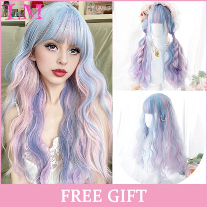 Lm Cosplay Wig Bangs Synthetic Straight Hair 24 Inch Long Heat-Resistant Pink Women