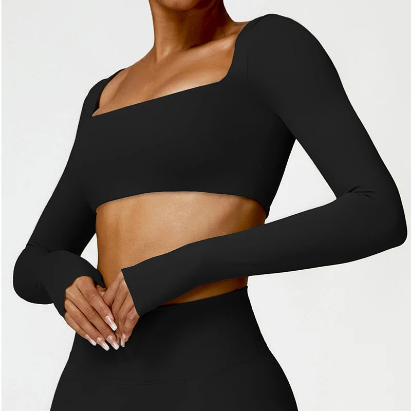 Women's Square Neck Long Sleeve Crop Top – Quick Dry Gym Sports Top