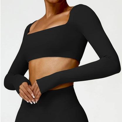 Women's Square Neck Long Sleeve Crop Top – Quick Dry Gym Sports Top