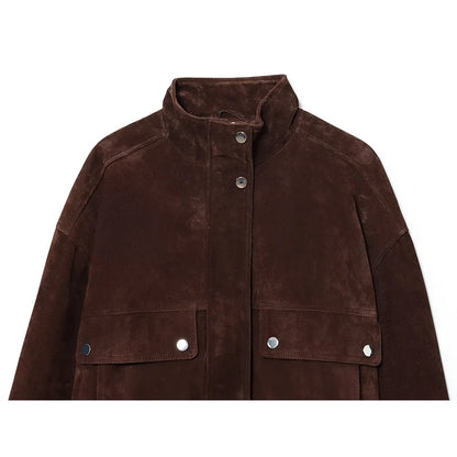 Women's Suede Bomber Jacket Elegant Slim Fit with Big Pockets