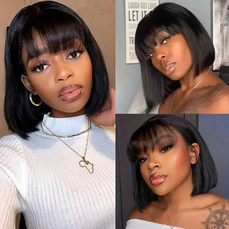 Bob Wig with Bangs Human Hair – 2x1 Lace Closure Straight Short Wig Realistic Scalp