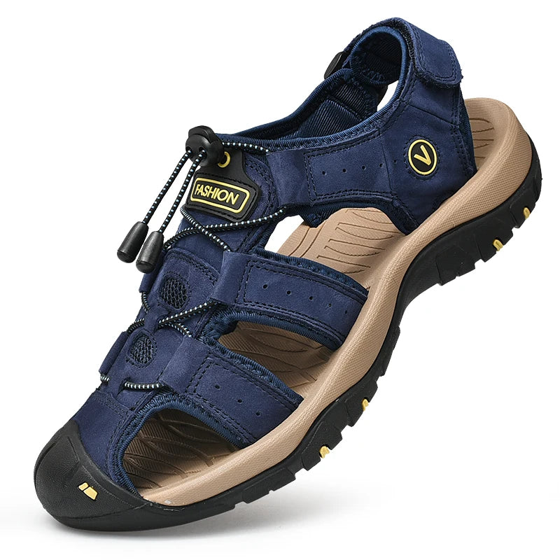 Men's Genuine Leather Outdoor Sandals – Closed Toe Beach Shoes