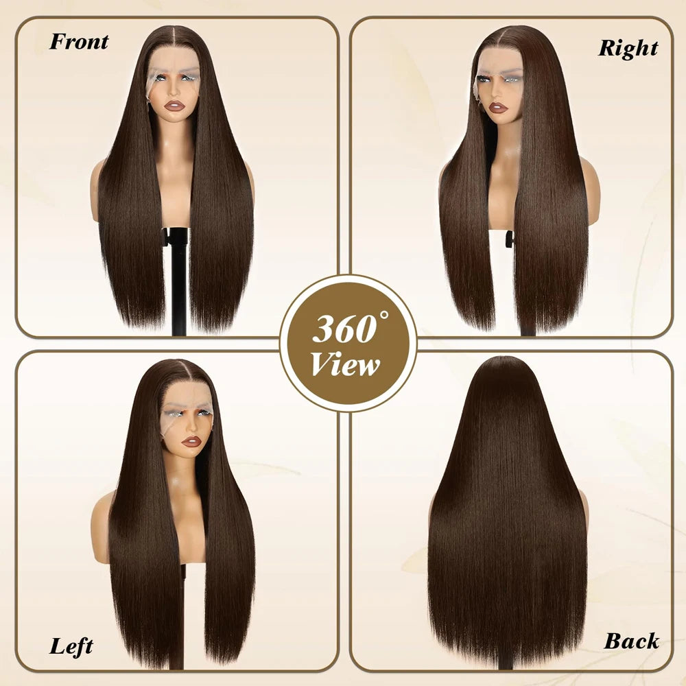 Chocolate Brown Bone Straight Human Hair Wig – 13x6 HD Lace, 180%/200% Density