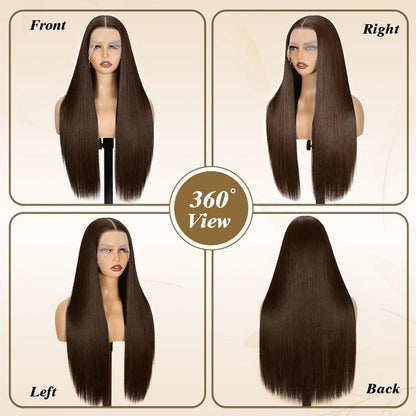 Chocolate Brown Bone Straight Human Hair Wig – 13x6 HD Lace, 180%/200% Density