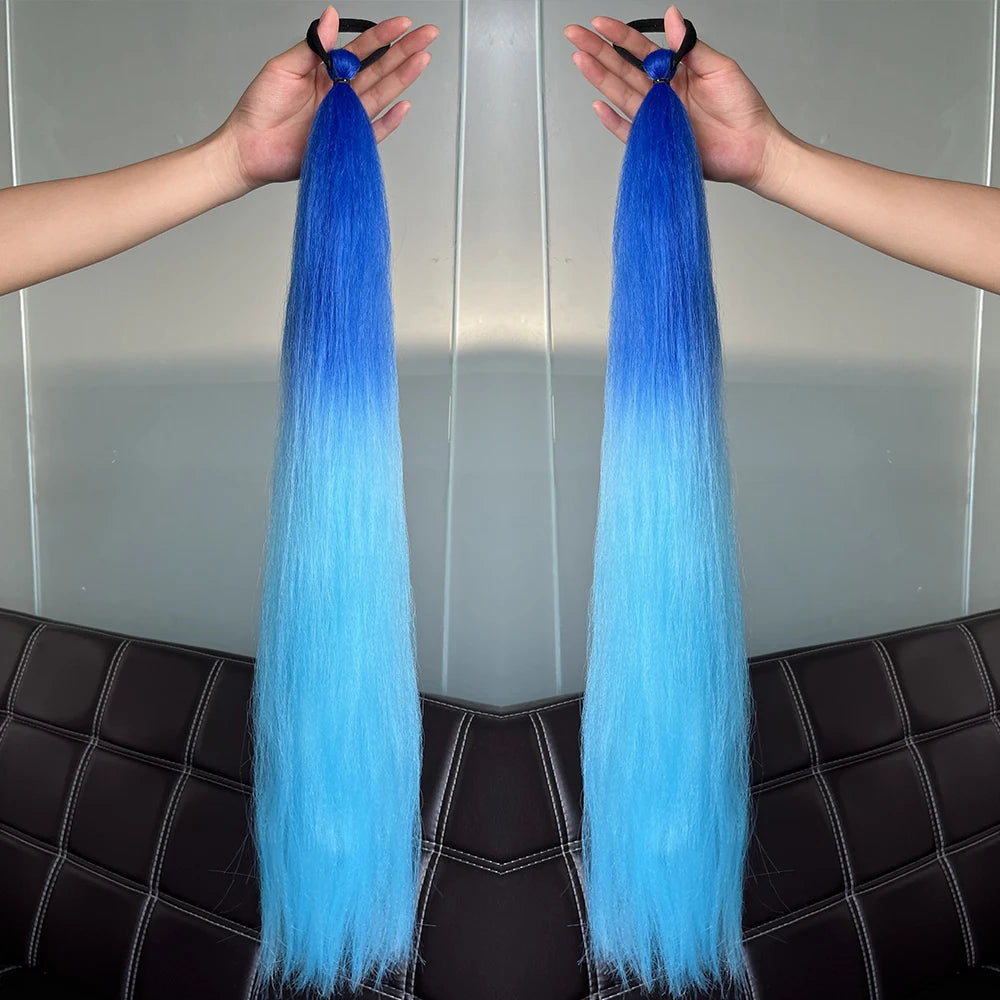 Synthetic Colorful Ponytail Extension 2pcs Long Straight Diy Braided Pony Tail Hairpiece Rubber Band