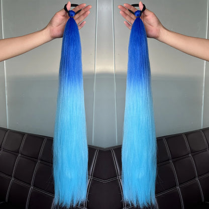 Synthetic Colorful Ponytail Extension 2pcs Long Straight Diy Braided Pony Tail Hairpiece Rubber Band