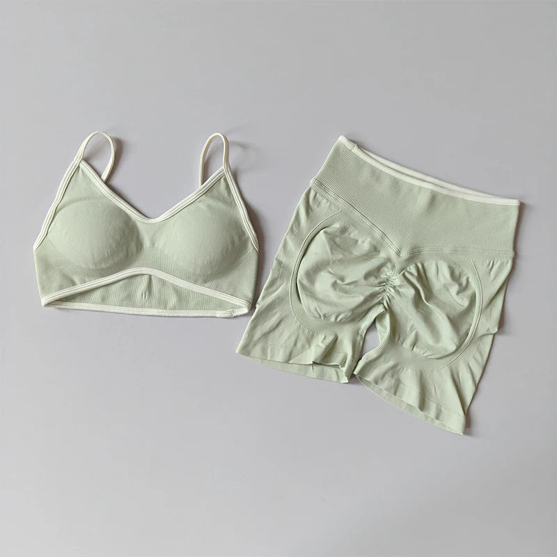 Seamless 2-Piece Yoga Set – Crop Top Sports Bra & High-Waist Shorts for Women