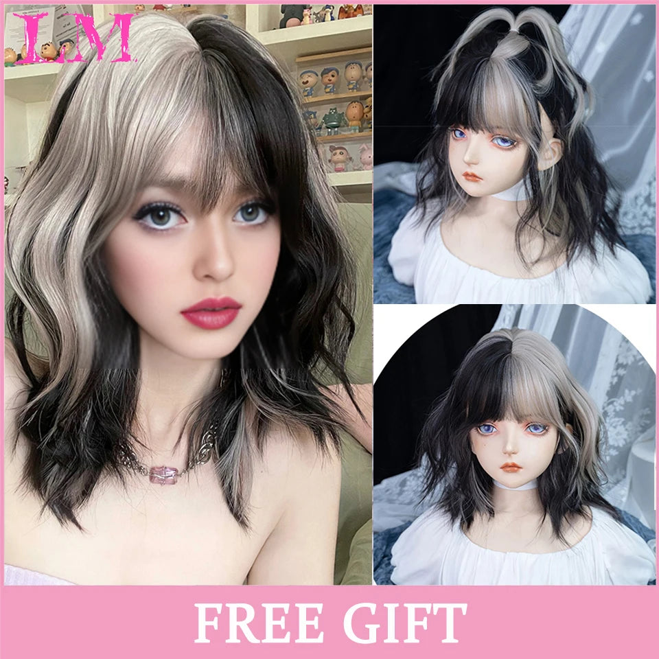 Lm Cosplay Wig Bangs Synthetic Straight Hair 24 Inch Long Heat-Resistant Pink Women