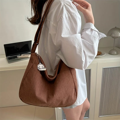 Women's Corduroy Shoulder Tote Bag – Large Capacity with Cute Patch