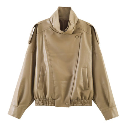 Women's Oversized Faux Leather Jacket – Asymmetric Button Loose Coat