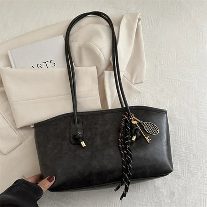 Large Capacity Tote Bag – Retro Leather Shoulder Handbag with Charm Pendant