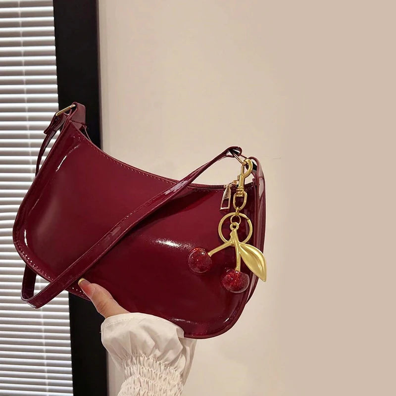 PU Leather Shoulder Bag with Cherry Pendant – Women's Casual Handbag