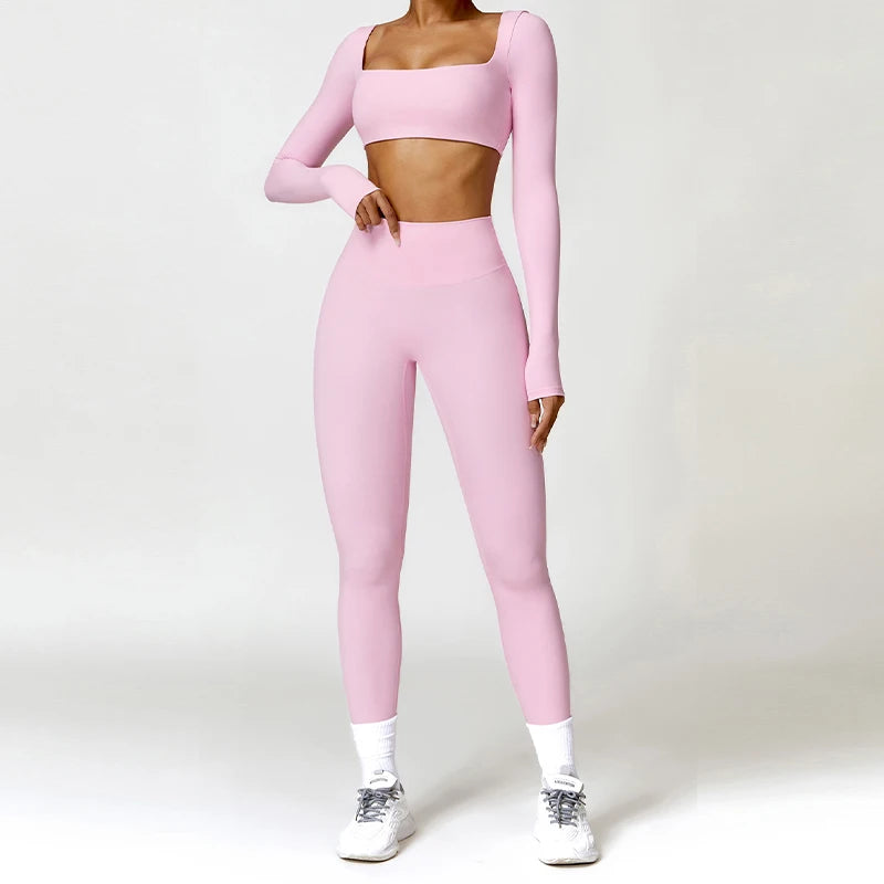 Women's 2-Piece Yoga Set – Long Sleeve Crop Top & Shorts