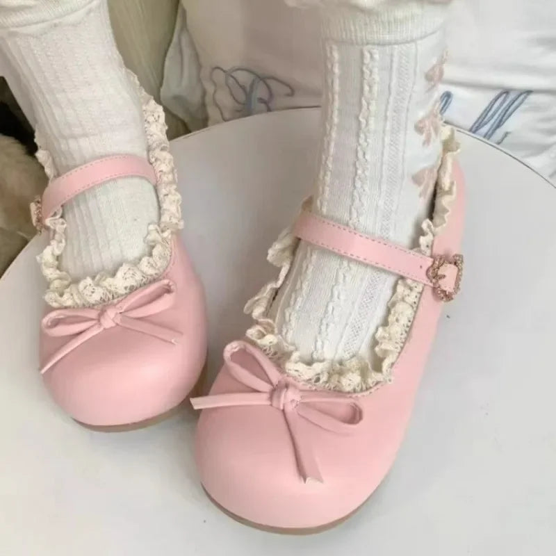 Women's Bow Mary Jane Flats | Lace Trim Metal Buckle