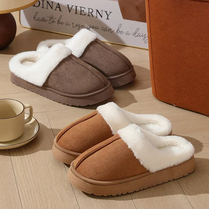 Women S Plush Slippers Winter Outdoor Thick Sole Non-Slip Fur Flip Flops Collar Warm Unisex House