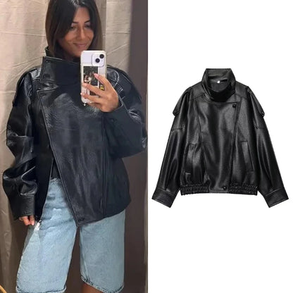 Women's Oversized Faux Leather Jacket – Long Sleeve Button Coat