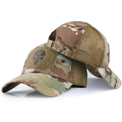 Tactical Skull Patch Baseball Cap – Camo Mesh Snapback Hat
