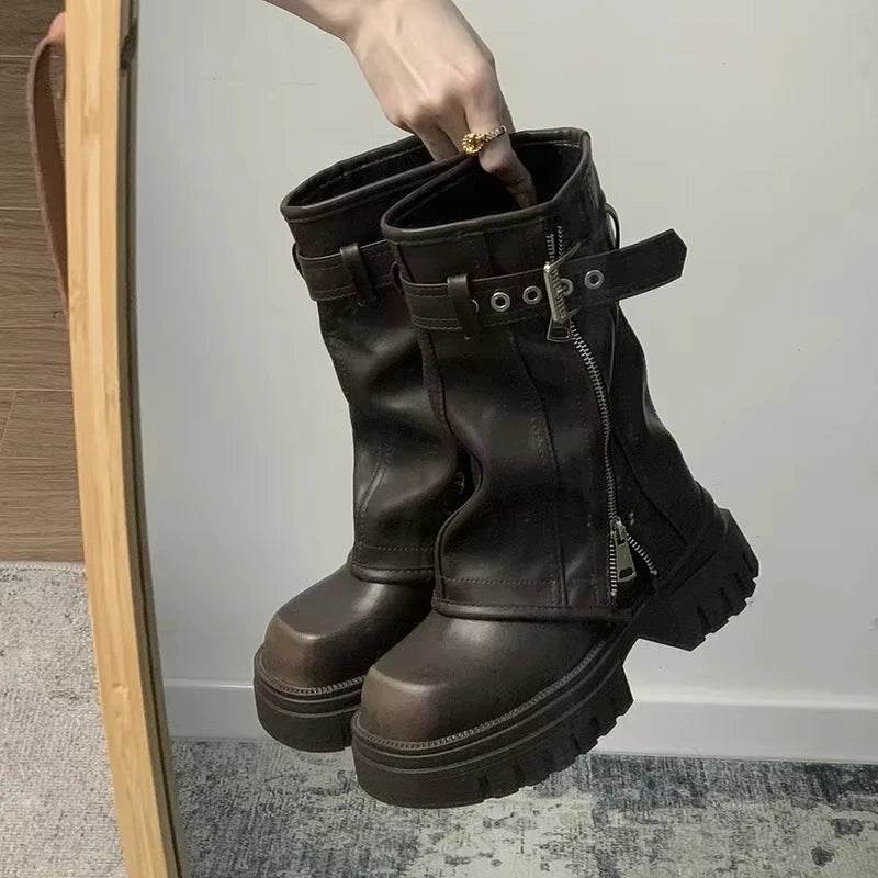 Women's Platform Biker Boots – Buckle Strap Mid-Calf Booties