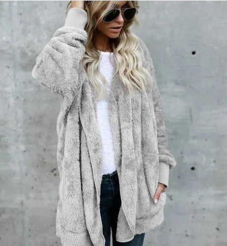 Women's Fleece Hooded Cardigan Coat – Warm Plush Jacket