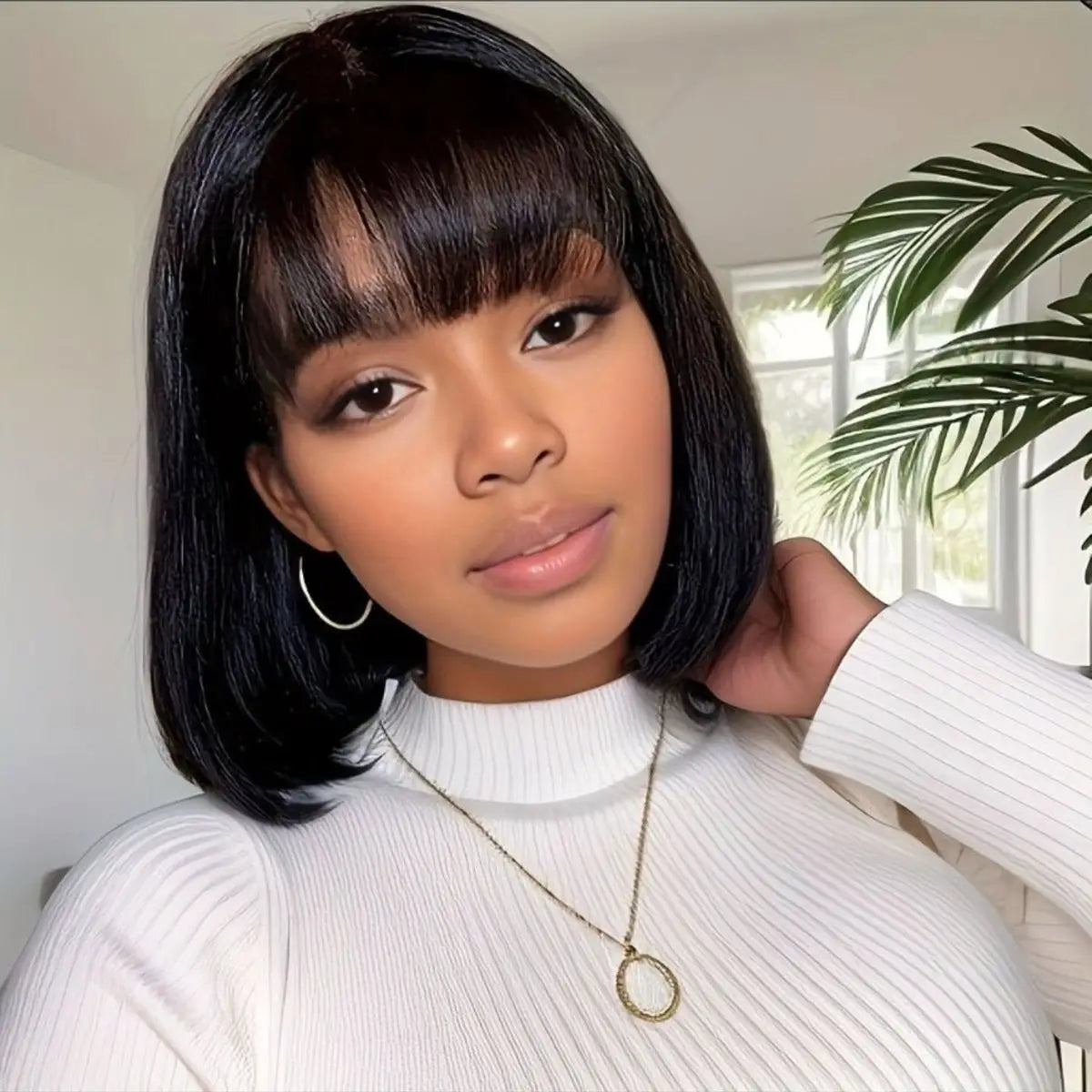 16 Inch Straight Bob Bangs Wig 3x1 Lace Human Hair Wigs 200 Density Short Natural Black Ready Wear