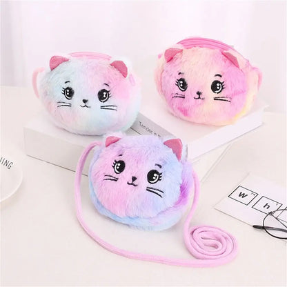 Kids Cute Cat Plush Crossbody Bag – Rainbow Mini Purse