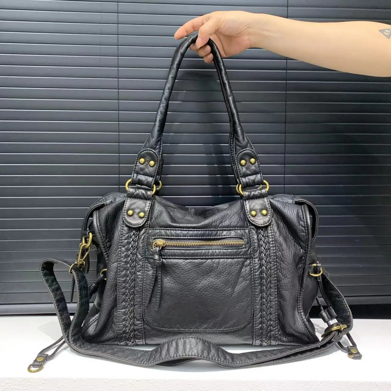 Vintage Washed Leather Motorcycle Shoulder Bag – Large Capacity Crossbody