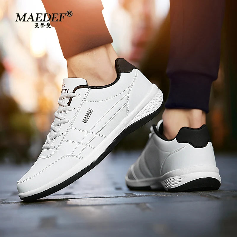 Men's Waterproof Leather Sneakers – Casual Lace-Up Vulcanized Shoes