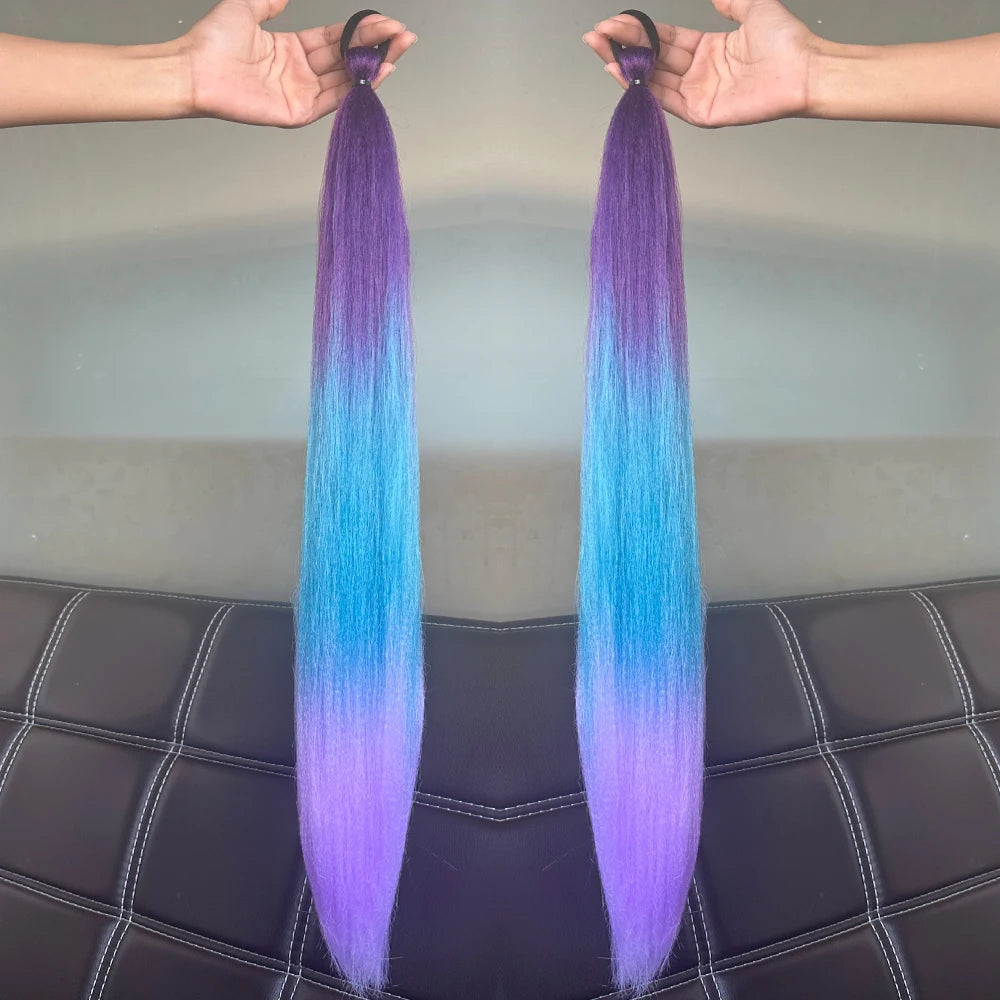 Synthetic Colorful Ponytail Extension 2pcs Long Straight Diy Braided Pony Tail Hairpiece Rubber Band