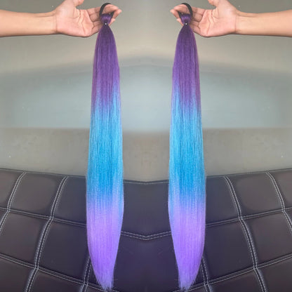 Synthetic Colorful Ponytail Extension 2pcs Long Straight Diy Braided Pony Tail Hairpiece Rubber Band