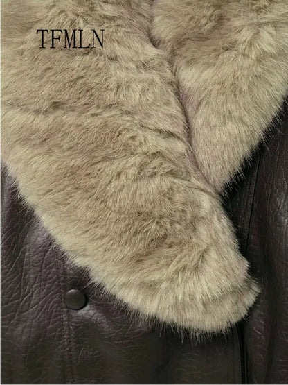 Faux Leather Jacket Women – Oversized Winter Coat with Detachable Fur Collar