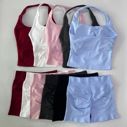 Women's 2-Piece Seamless Workout Set – Backless Tank Top & Scrunch Shorts