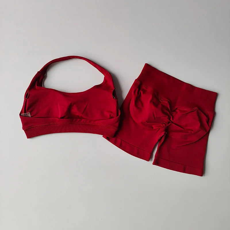 Women's Halter Neck Sports Bra & Scrunch Butt Shorts Set – 2-Piece Activewear