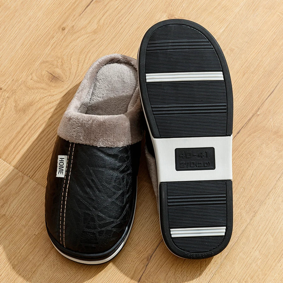 Big Size Winter Casual Men S Slippers Indoor Waterproof Pu Leather Home Shoes Fur Flat Warm Bedroom