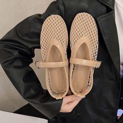 Women's Mesh Mary Jane Flats – Breathable Buckle Strap Shoes