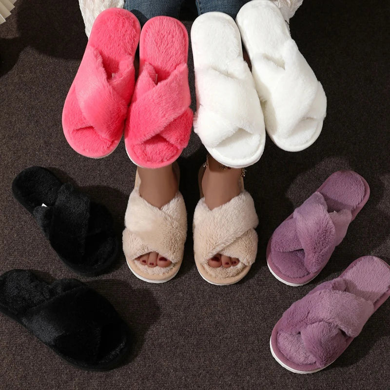 Women Fluffy Slippers Cross Band Soft Plush Cozy House Shoes Furry Open Toe Indoor Outdoor Slip Warm