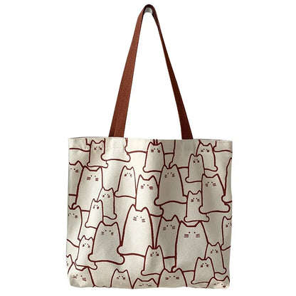 Cat Print Canvas Tote Bag – Cute Graphic Shoulder Bag for Women