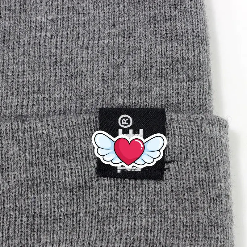 Winter Knit Beanie with Heart Wing Embroidery – Warm Cuffed Hat