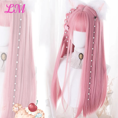 Lm Cosplay Wig Bangs Synthetic Straight Hair 24 Inch Long Heat-Resistant Pink Women
