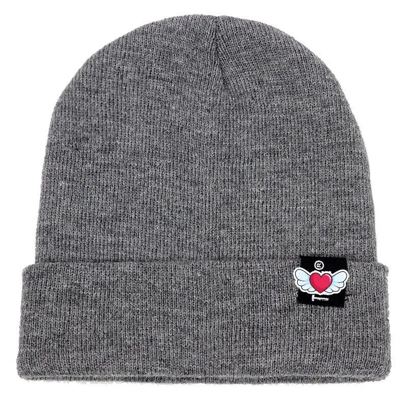 Winter Knit Beanie with Heart Wing Embroidery – Warm Cuffed Hat
