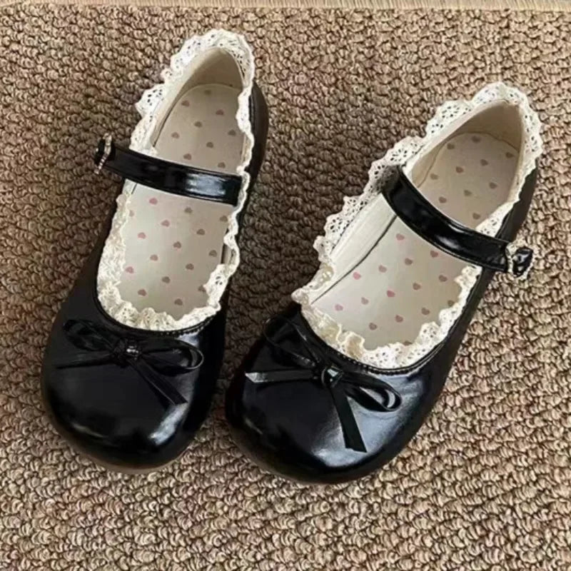 Women's Bow Mary Jane Flats | Lace Trim Metal Buckle