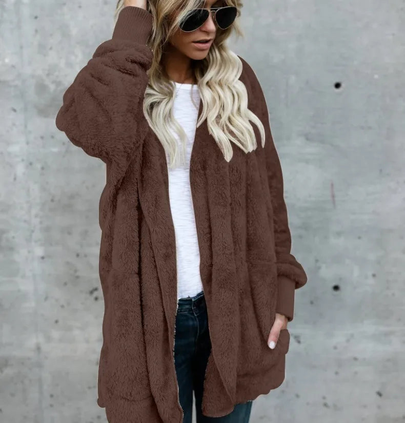 Women's Fleece Hooded Cardigan Coat – Warm Plush Jacket